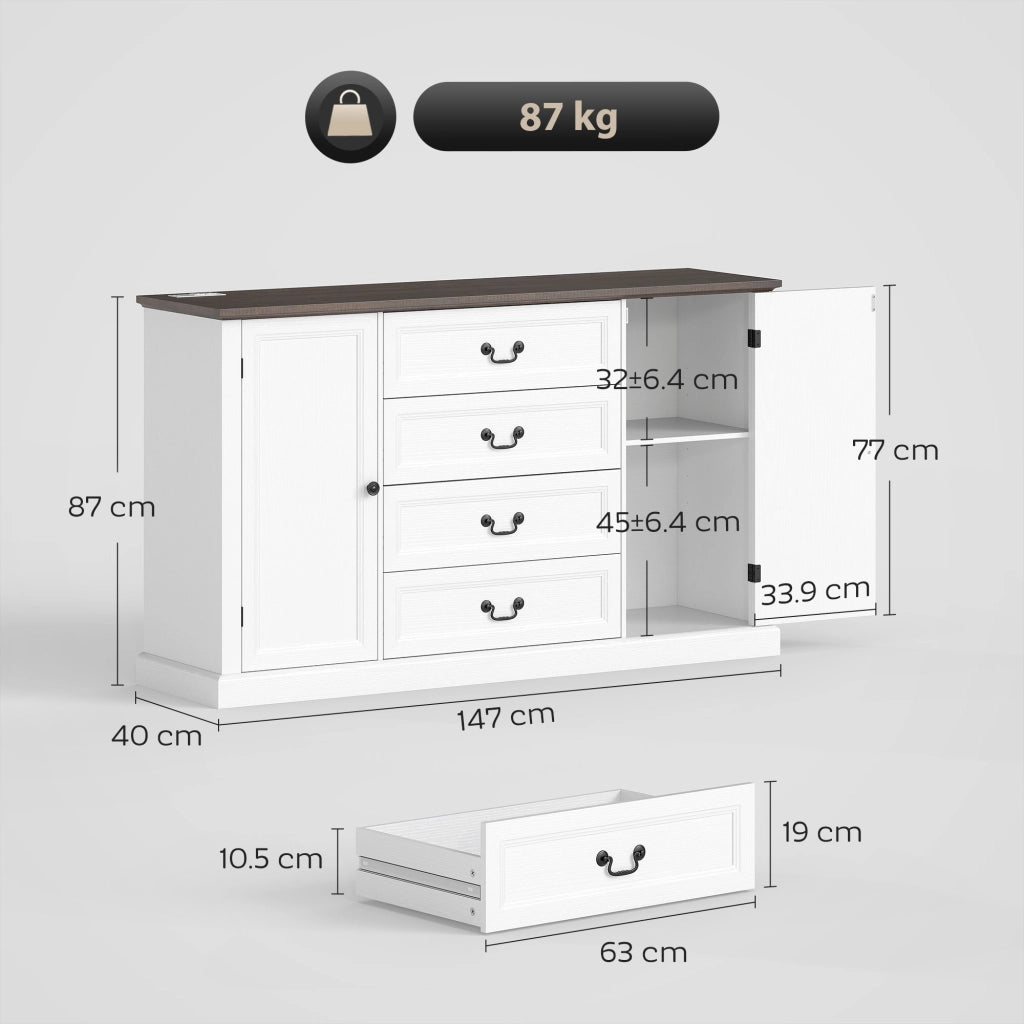 Credenza da Cucina Stile Vintage 147x40x87 cm con 4 Cassetti e 2 Armadietti con Mensole Regolabili Legno Bianco