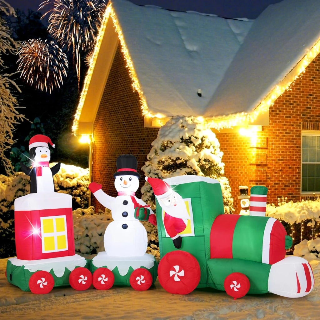 Treno di Natale Gonfiabile 350 cm con Pupazzo di Neve e Luci LED | Decorazione Natalizia da Esterno con Babbo Natale alla Guida, Pinguino e Scatola Regalo per Festa, Giardino e Cortile