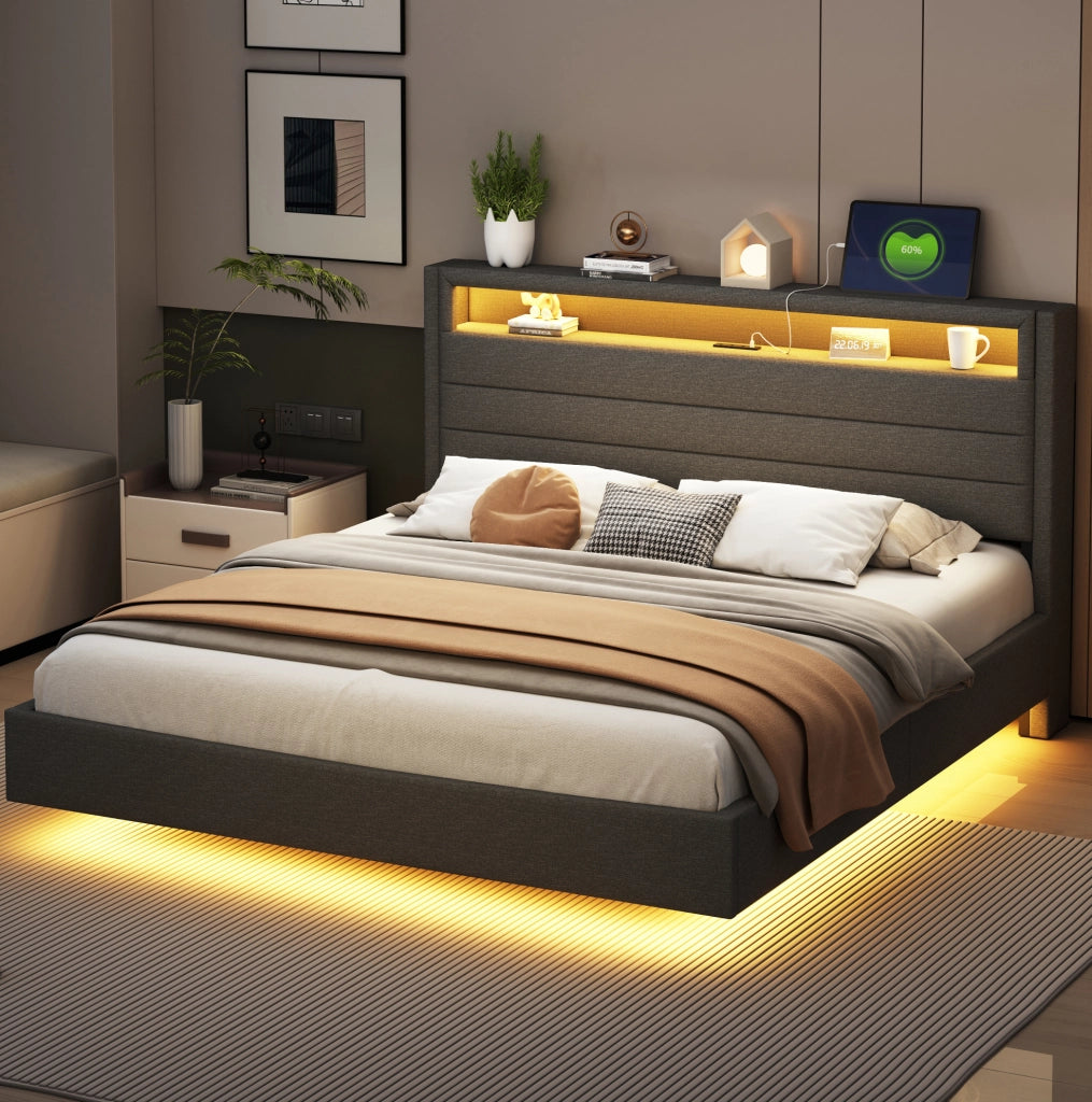 Letto matrimoniale imbottito 160x200 cm con USB e LED grigio