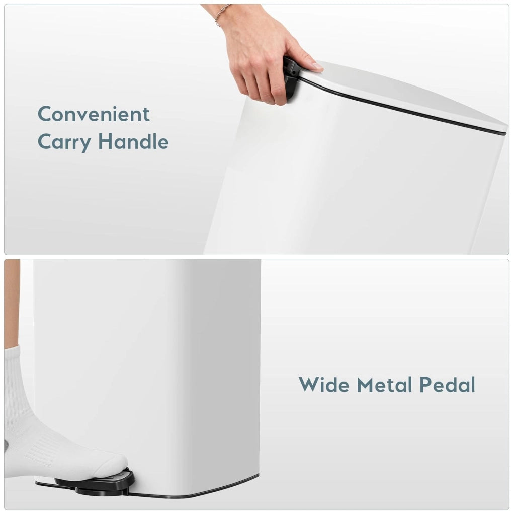 Pattumiera Cucina 30 L a Pedale, Pattumiera Rettangolare in Acciaio con Coperchio Soft-Close, Secchio Interno e Funzione di Mantenimento Aperto, per Cucina, Soggiorno e Ufficio – Bianco