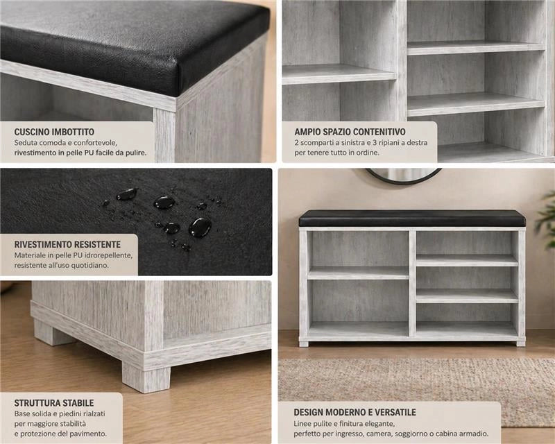 SCARPIERA IN MDF COLOR BIANCO LEGNO CON RIPIANI E SEDUTA IN SIMIL PELLE NERA DIMENSIONI 80X30X47 CM