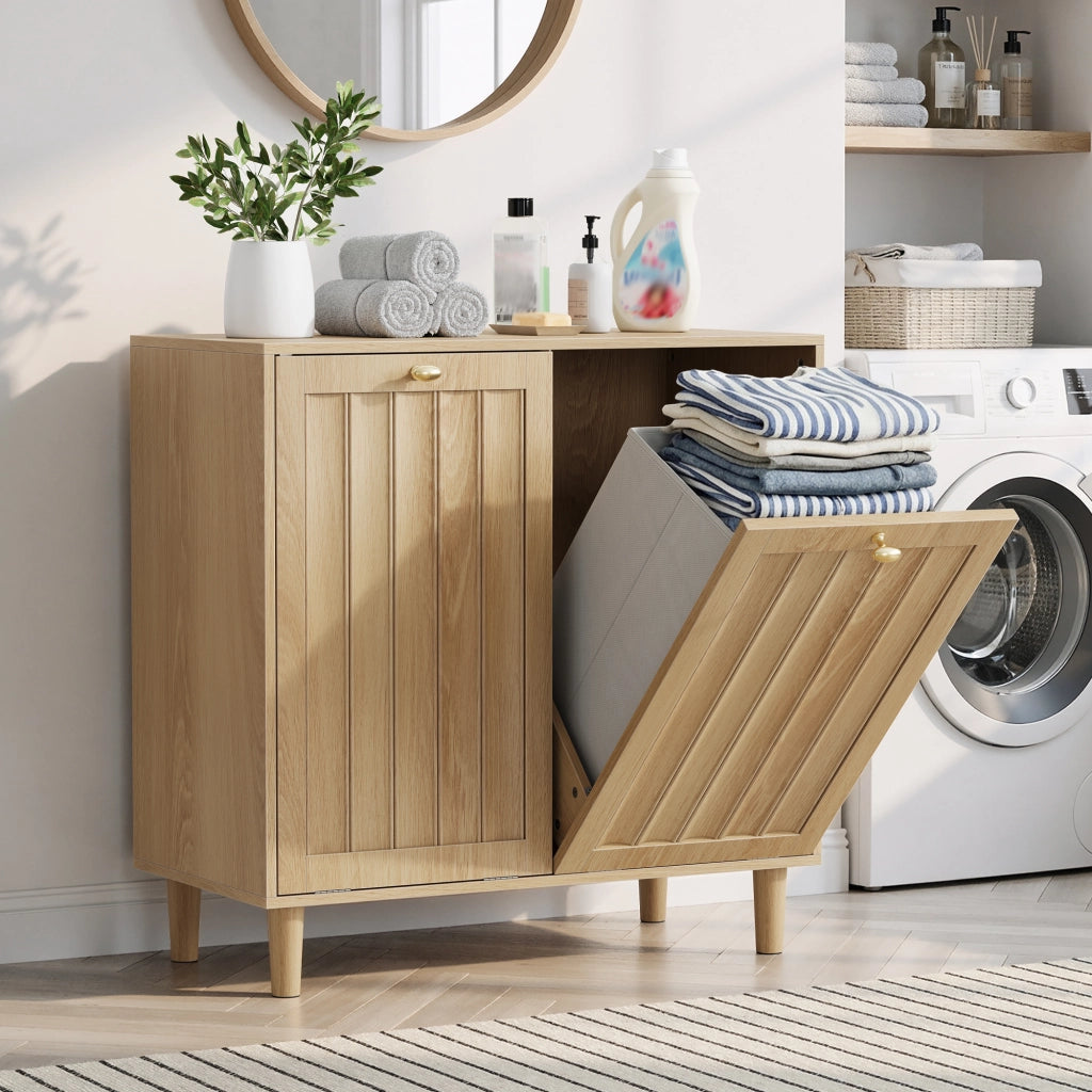 Mobile portasciugamani con 2 cesti rimovibili, finitura effetto rovere, struttura in MDF, per bagno e lavanderia