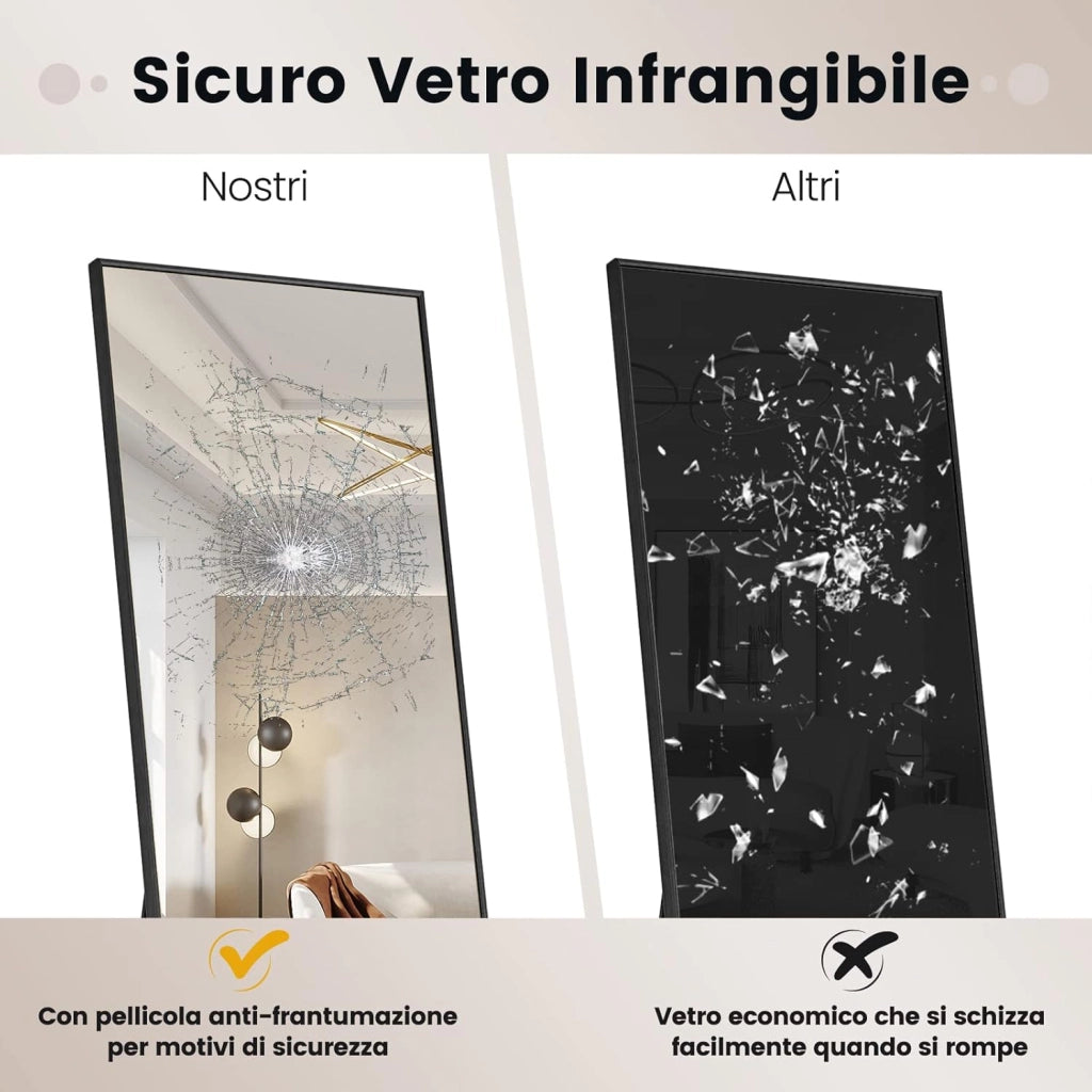 Specchio da Parete Lungo, Specchio da Terra Appendere con Cornice in Lega di Alluminio e Ganci, Per Camera da Letto e Soggiorno, 160 x 40 cm (Nero)