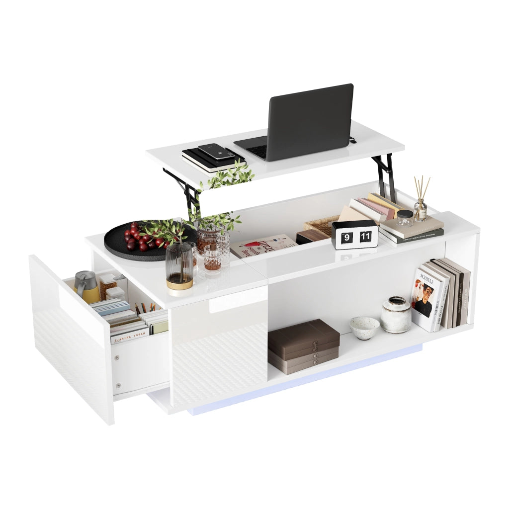 Tavolino da caff¨¨ 100x50x40 cm con piano sollevabile, vano nascosto, cassetto laterale e luce LED Bluetooth, bianco
