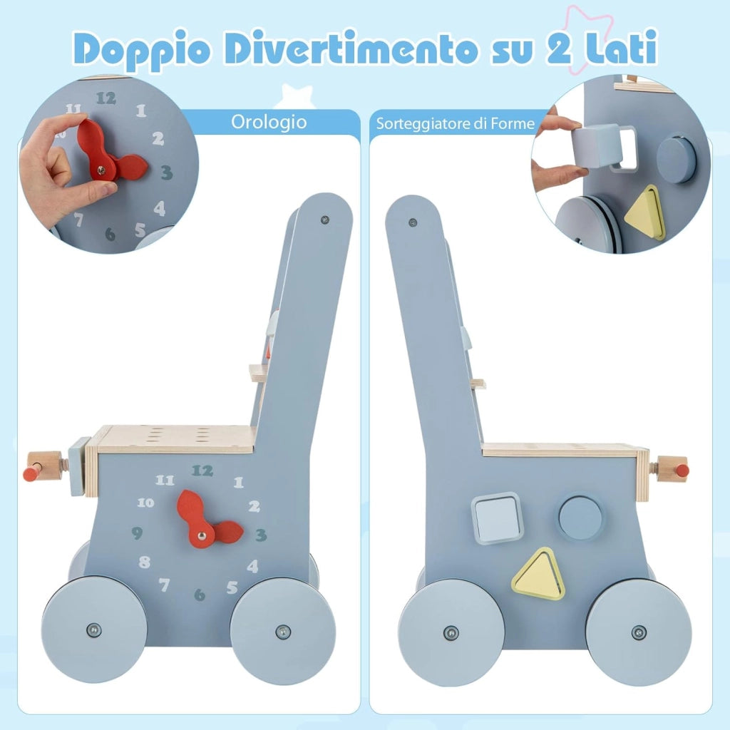 2-in-1 Girello Neonato in Legno, Camminatore con Giocattoli e Attrezzi, Primi Passi per Bambini con Montessori, Carrello Primi Passi con Ruote, con Banco da Lavoro, per Bambini 3+ Mesi