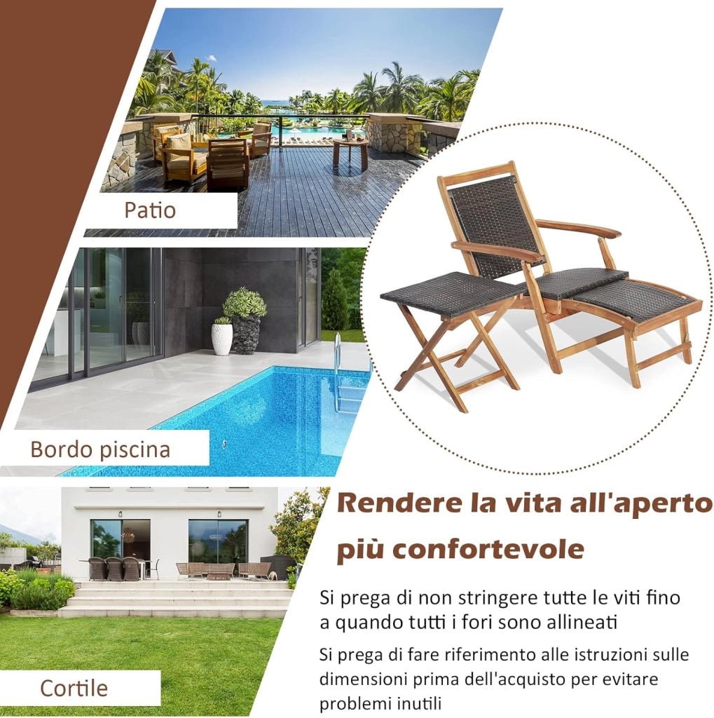 Set Sedia a Patio e Tavolo, Poltrona con Poggiapiedi Telescopico Lungo, Mobili da Giardino da Esterno Pieghevole, in Rattan e Legno di Acacia, per Esterni, Giardino, Cortile