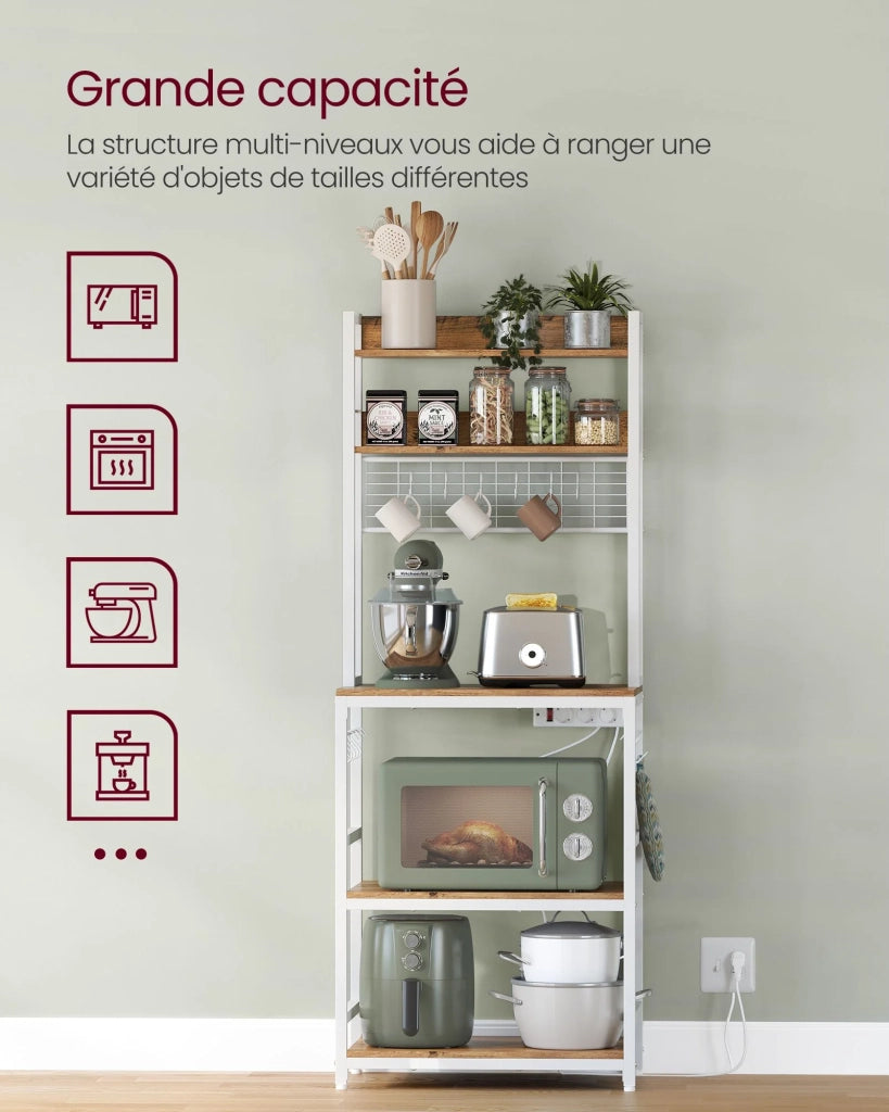 Mensola da cucina con multipresa supporto per microonde ripiano portaoggetti con pannello in rete metallica 14 ganci 40 x 80 x 170 cm bianco 12_0005671