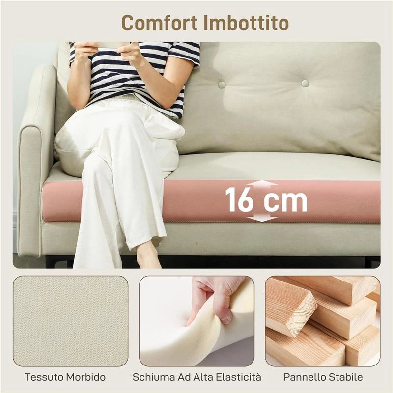 DIVANO 2 POSTI MODERNO CON SCHIENALE TRAPUNTATO A BOTTONI E RIVESTIMENTO IN VELLUTO, 124X73X92 CM, CREMA
