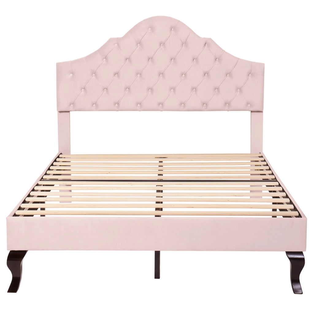Letto imbottito 140x200 cm con rete a doghe e testiera regolabile in velluto rosa