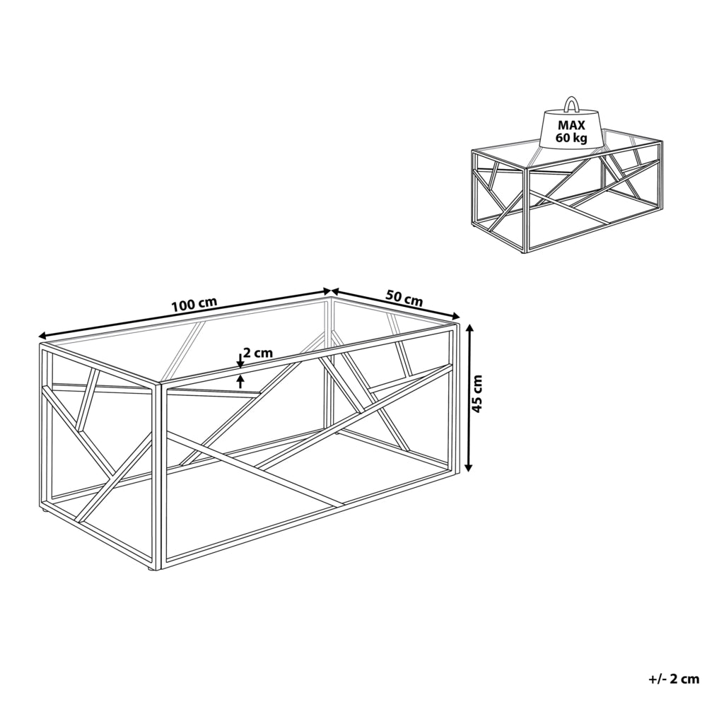 Tavolino da caffè con struttura in metallo argento piano in vetro design geometrico glam