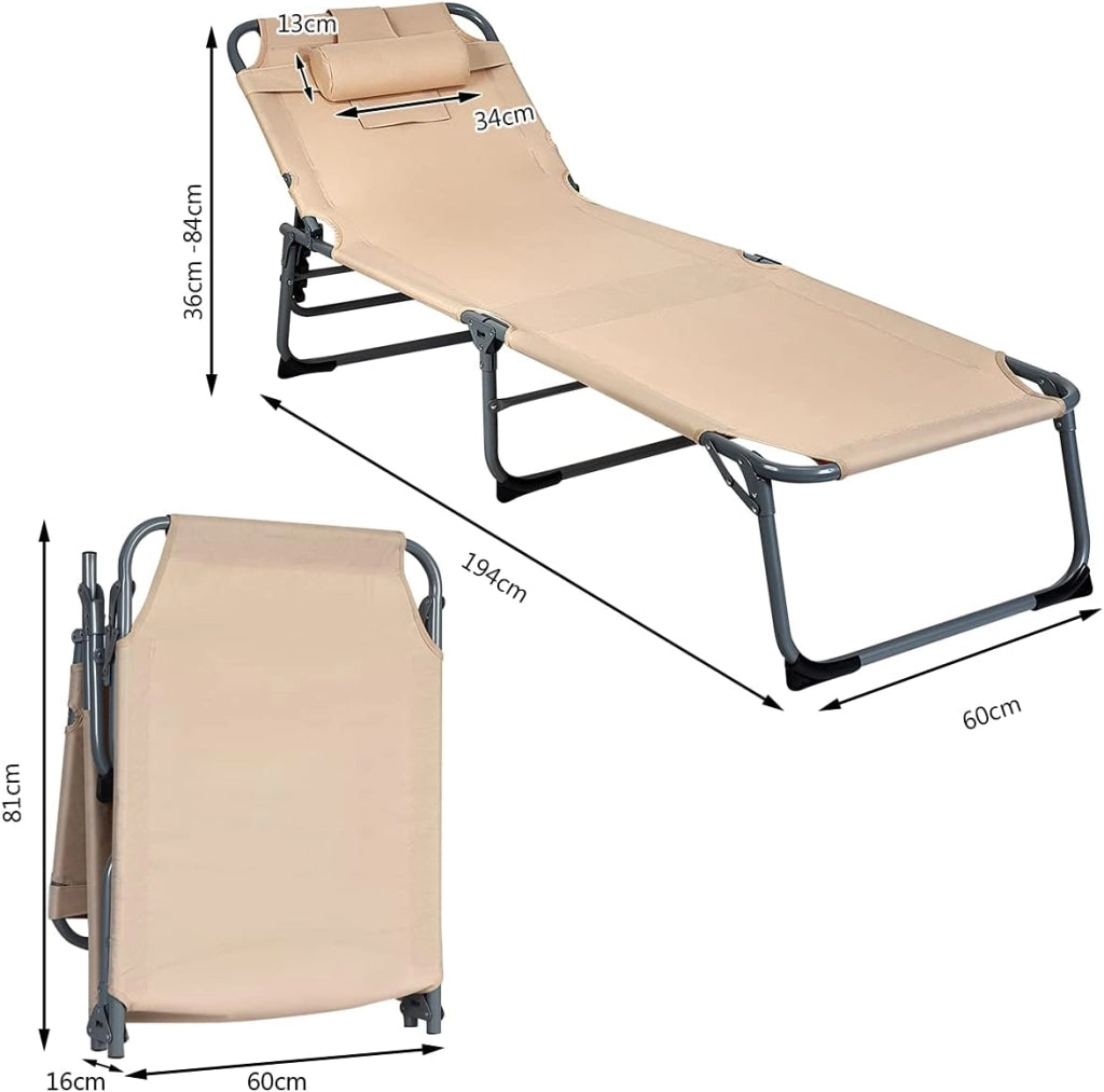 Sedia a Sdraio Pieghevole con Foro di Lettura, Lettino da Sole Reclinabile Ergonomia Cuscino Rimovibile 5 Posizioni Regolabili, Lettino da Giardino, Beige, 194x60x36 cm