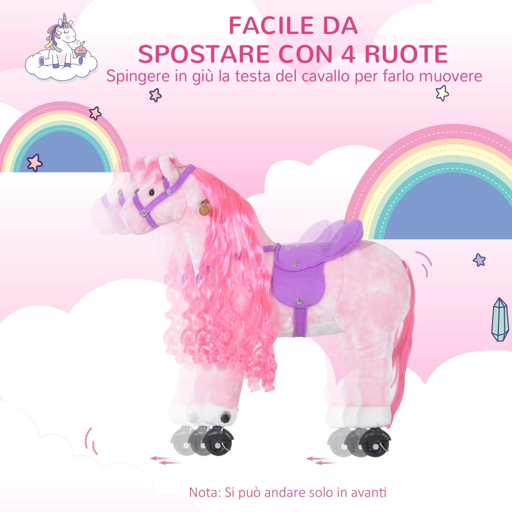 Cavallo a Dondolo per Bambini 65x28x75 cm con Rotelle Suoni e Poggiapiedi Rosa