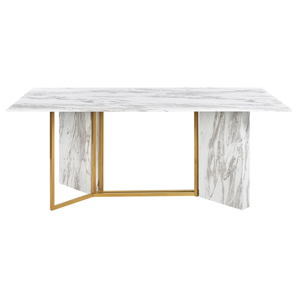 Tavolo da pranzo moderno e glamour in MDF con piano in vetro effetto marmo gambe in metallo dorato 8 posti 100 x 200 cm soggiorno cucina