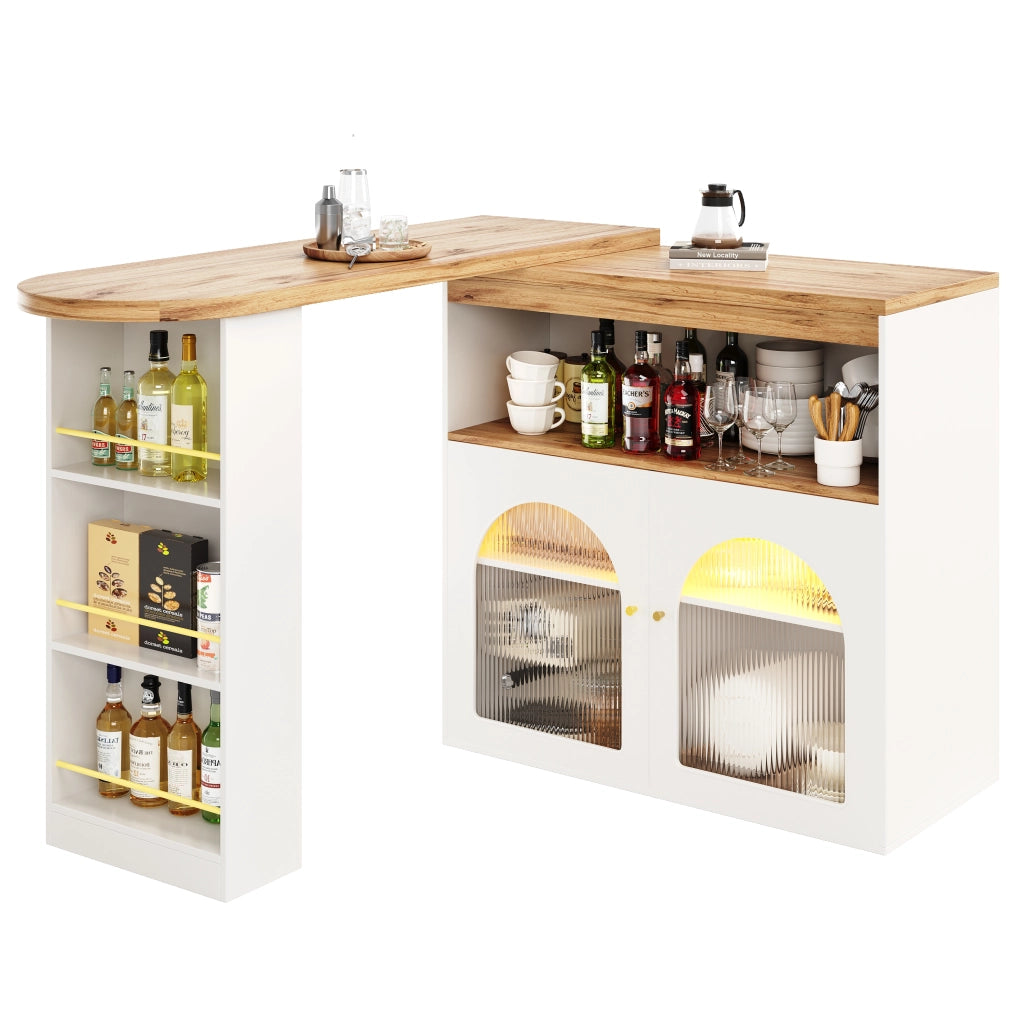 OKWISH Tavolo Estensibile con Ripiani Portaoggetti, Rotazione 360 e LED, per Sala da Pranzo, MDF, Bianco, 138-193 x 39 x 105 cm