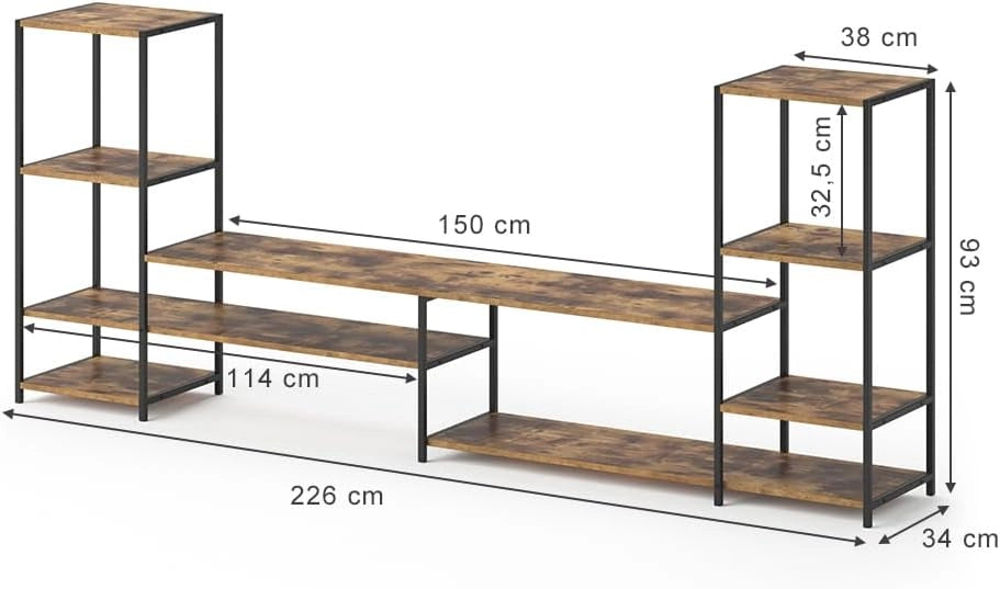Mobile tv Fyrk, Legno antico, 226 x 93 cm, con ripiani aperti per la conservazione di dispositivi multimediali