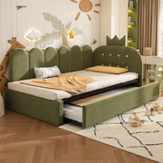 Letto per bambini 90x200 cm, testiera a forma di corona, con letto estraibile, in velluto, verde