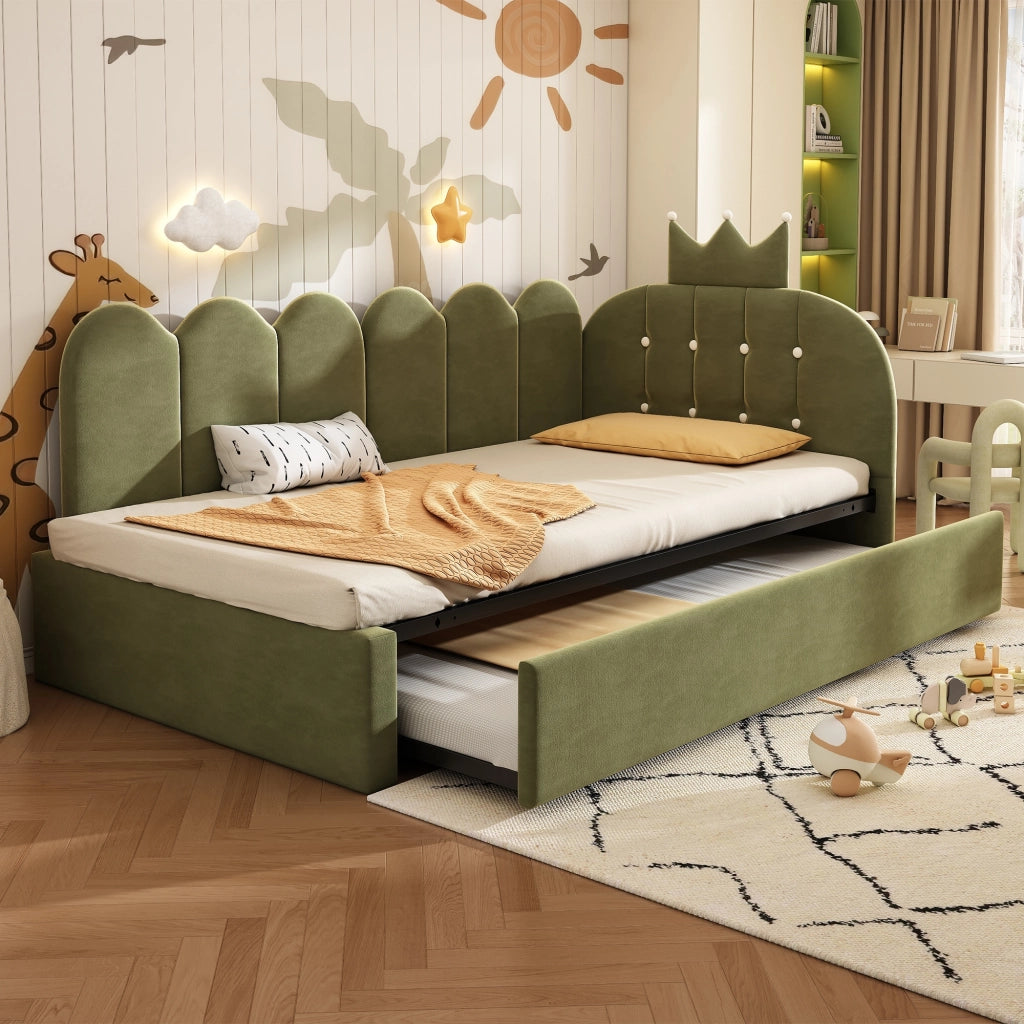 Letto per bambini 90x200 cm, testiera a forma di corona, con letto estraibile, in velluto, verde