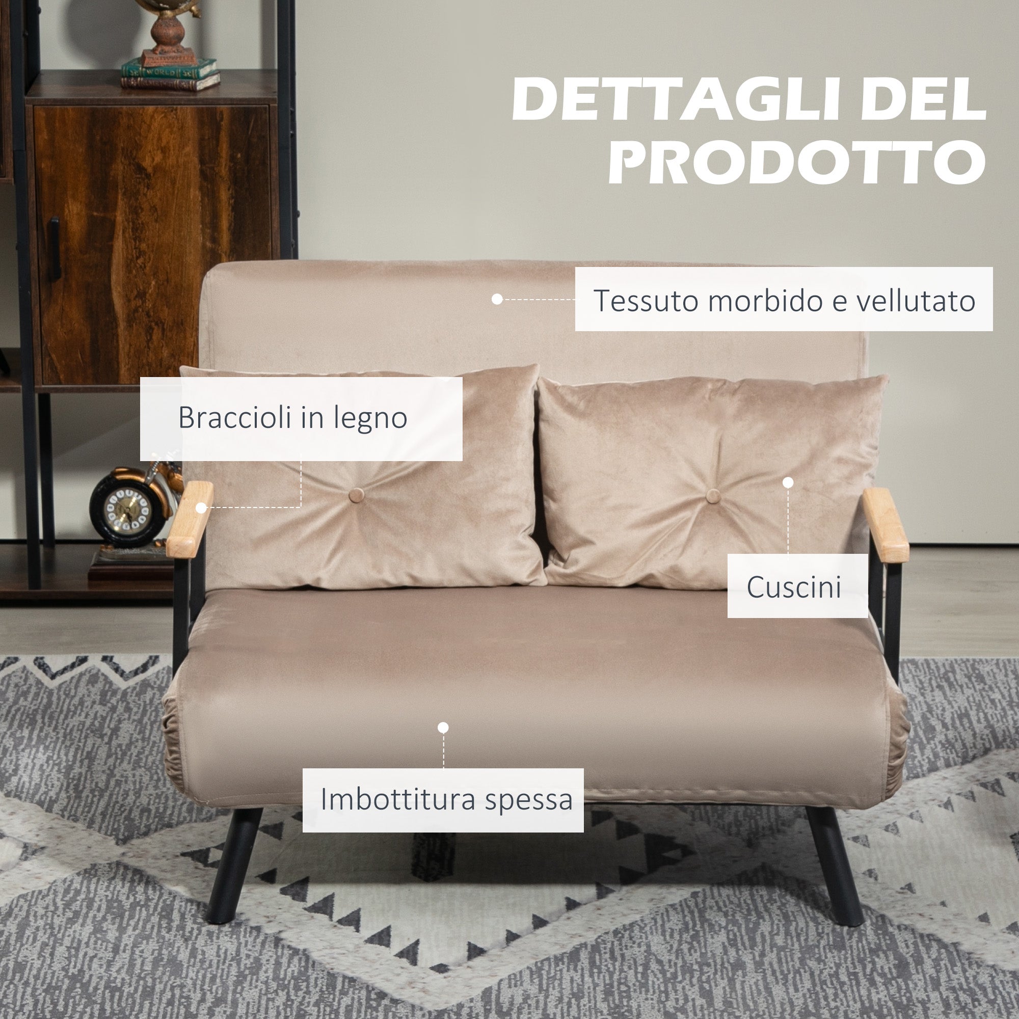 Divano Letto Schienale Regolabile 102x73x81 cm in Velluto Marrone Chiaro