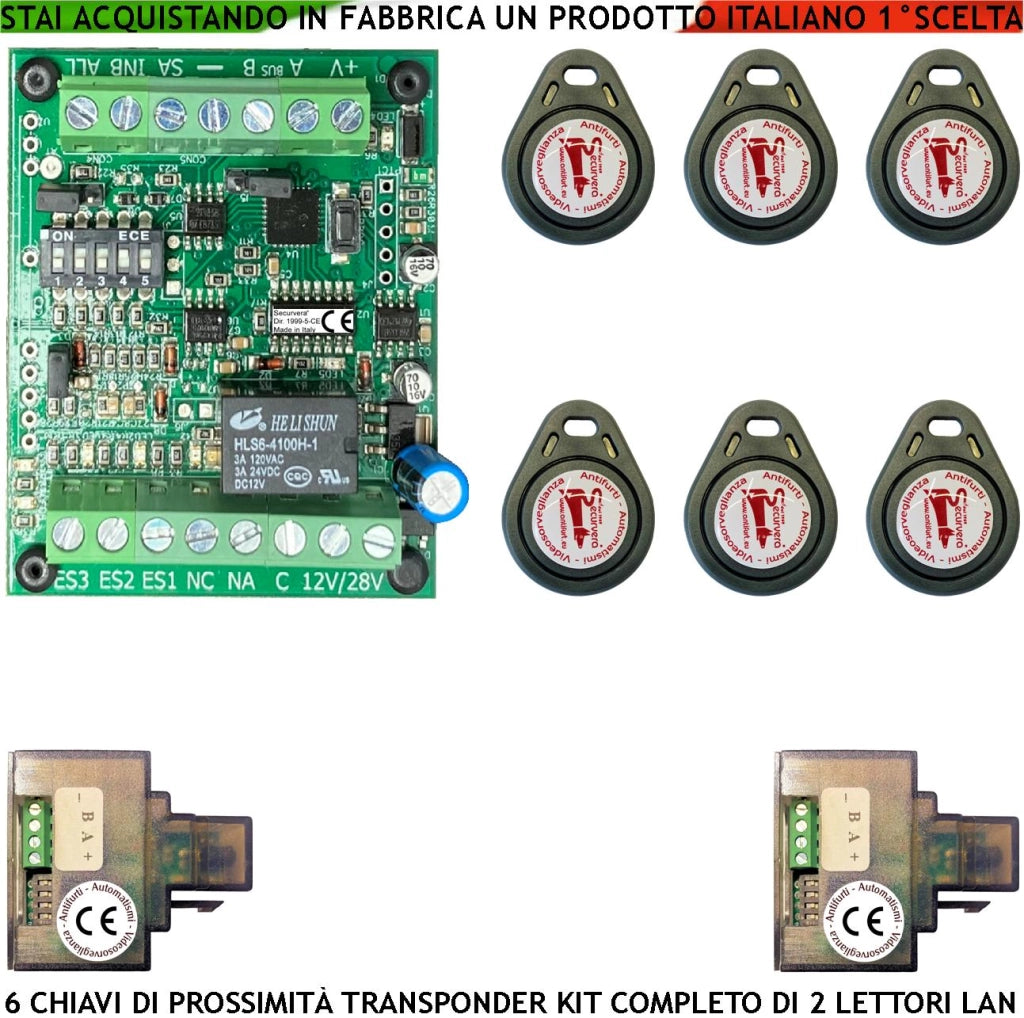 Chiave Elettronica di Prossimità 6 Chiavi TAG Due Lettori su Modulo LAN Universale 501/503 RJ45 Alimentazione 12/24 Vac Relè Scambio 2 A a 24 V Funzione Impulsiva o Stabile Segnale di Stato 4 Led GRVB