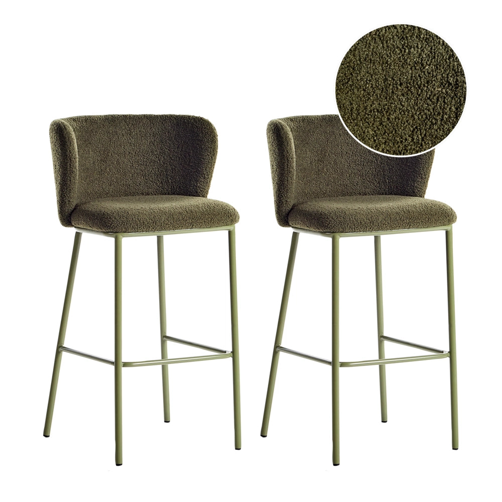 Set di 2 sedie da bar moderne in poliestere verde Schienale curvo Gambe nere Sala da pranzo moderna Cucina