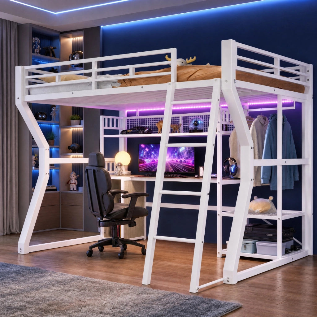 Letto a soppalco 140x200 cm con scrivania, luce LED e presa, bianco