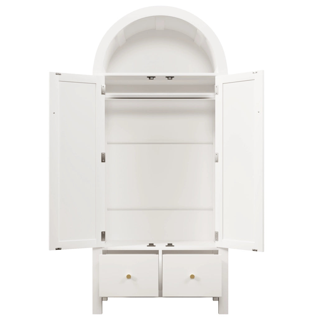 Armadio ad arco con intreccio in rattan, bianco, con 2 cassetti e asta appendiabiti