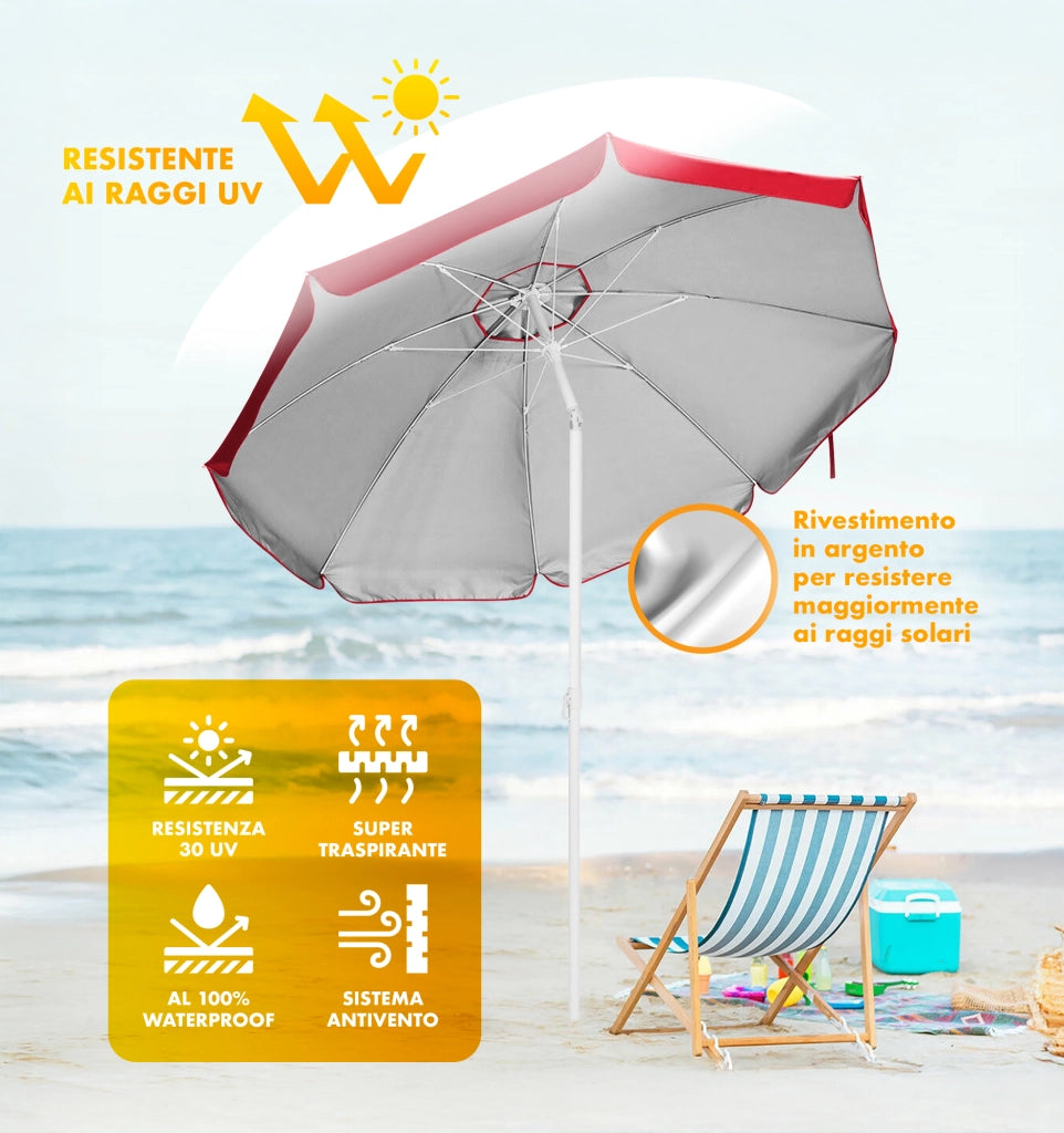 Ombrellone Da Spiaggia Grande Antivento 2.20 Metri Portatile Struttura In Acciaio A 8 Stecche Pieghevole Reclinabile Regolabile Altezza Puntale A Vite Resistente Uv Con Custodia A Tracolla Mare Campeggio Prato  Rosso