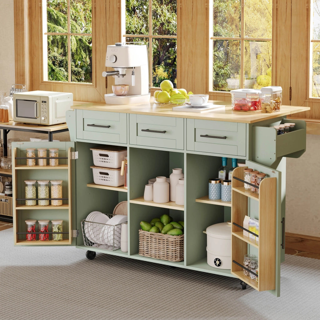 Carrello da cucina con 3 cassetti e 3 vani; piano pieghevole e porta asciugamani; per cucina; verde antico