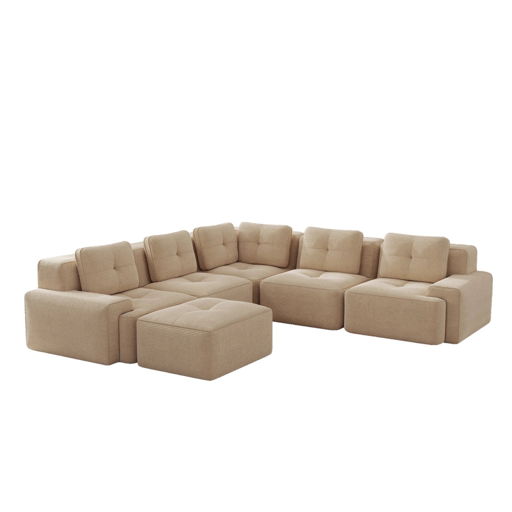 Divano angolare modulare con seduta profonda e schienale adattabile in tessuto cord beige