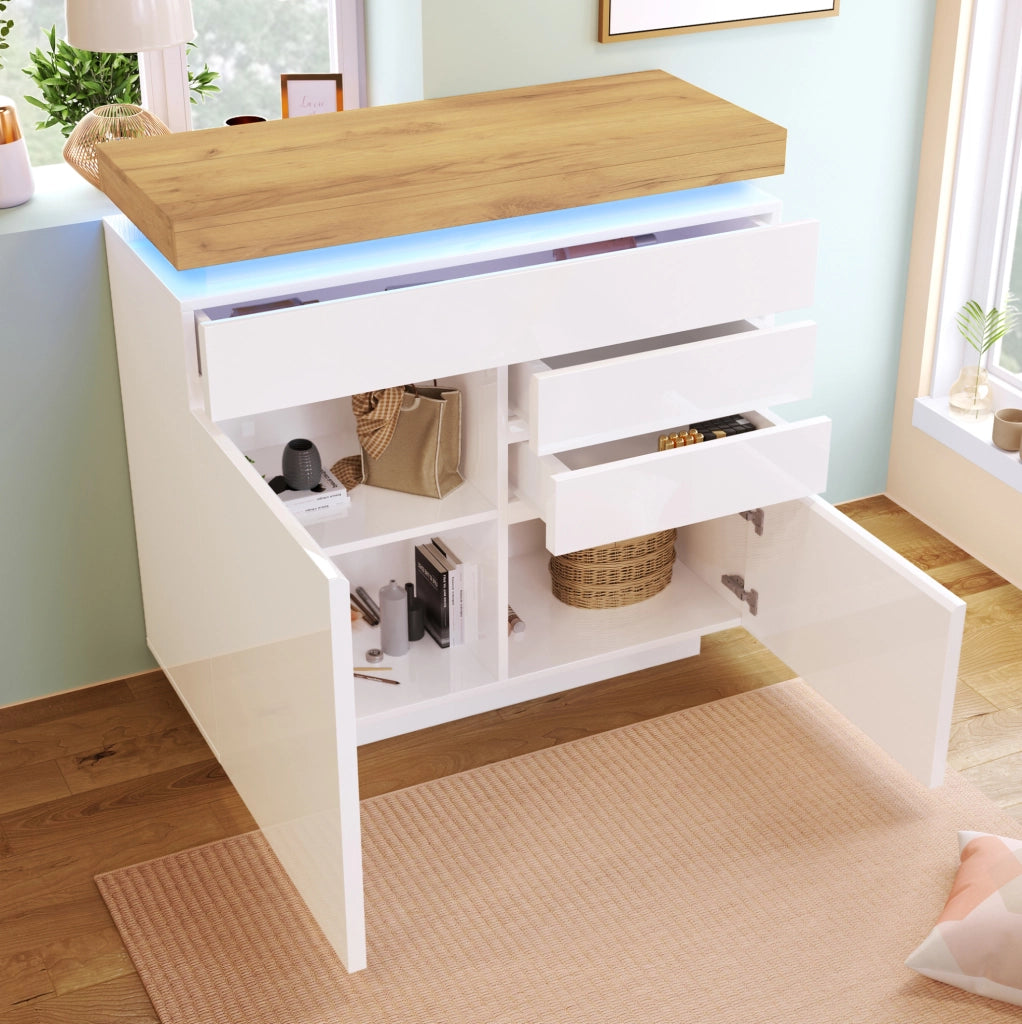Credenza lucida con LED e ripiani regolabili; 110x39x115 cm; bianca