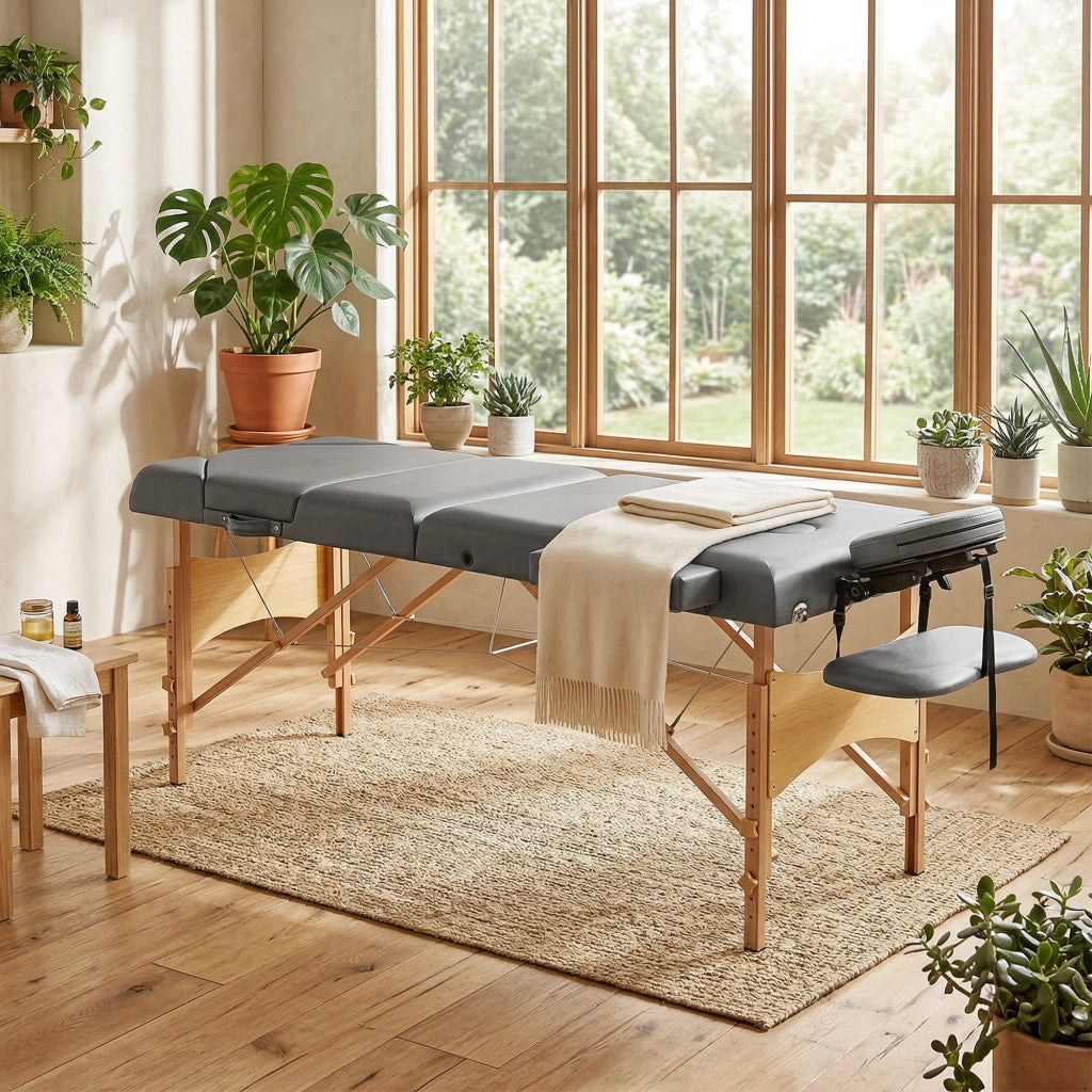 Lettino da Massaggio Pieghevole ¨C Xylo ¨C 3 Zone, Legno, Schienale e Poggiatesta Regolabili, 215x60x62-89 cm, Grigio