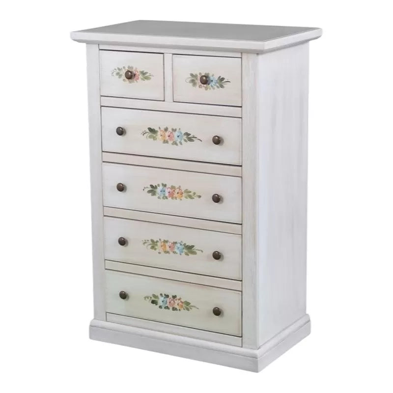 Cassettiera 6 cassetti in legno shabby bianco anticato decorato 62x37x93 - Mobili 2G