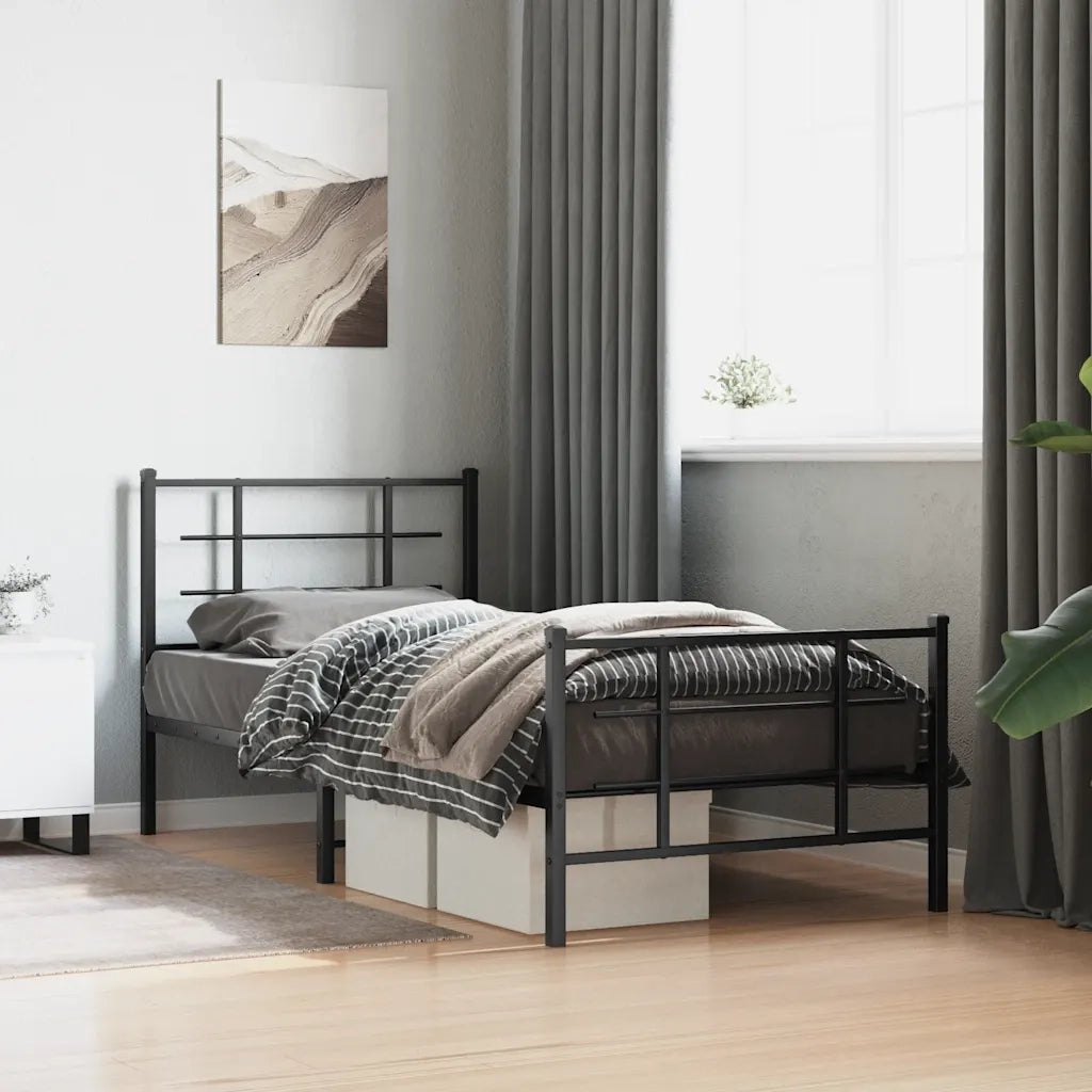 Letto singolo | Letto per adulti | Giroletto con Testiera e Pediera Metallo Nero 90x200 cm