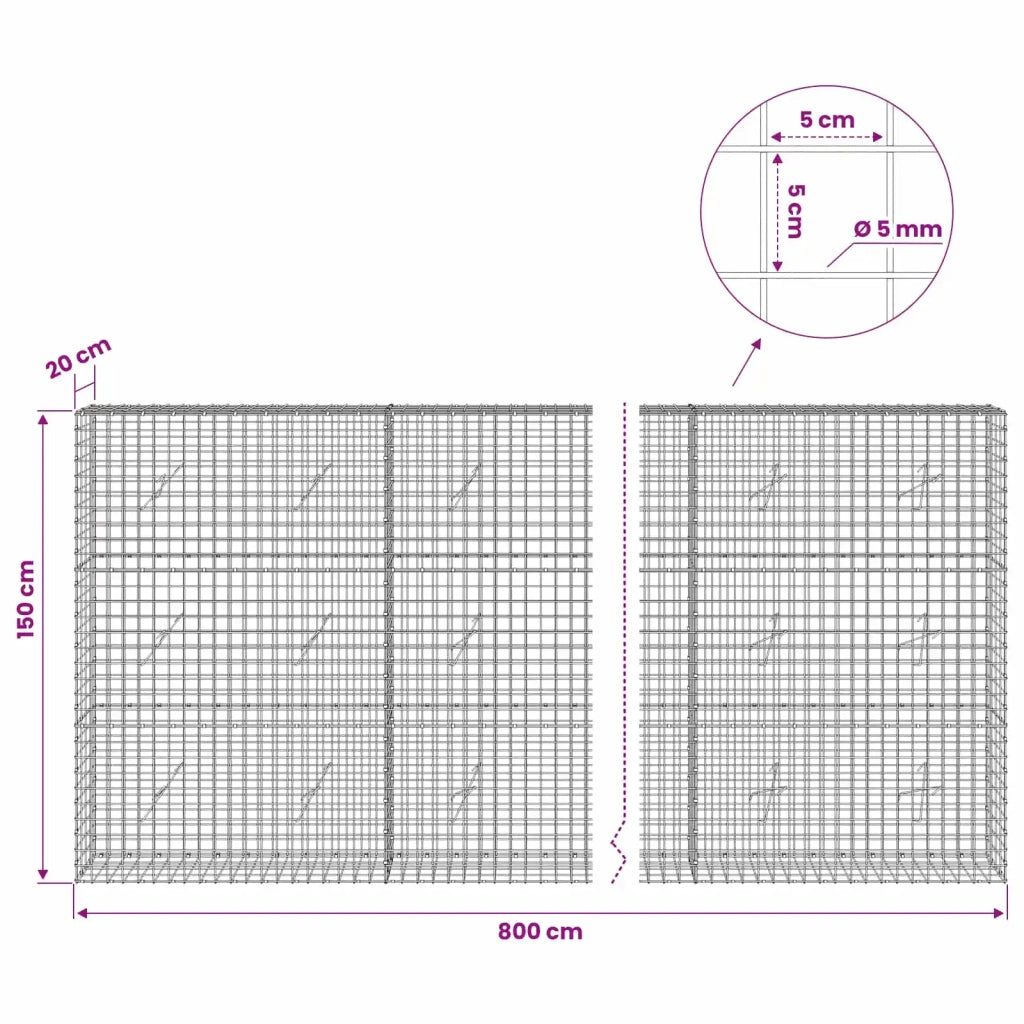 Gabione con filo da 5 mm e rete da 5x5 cm 800x20x150 cm 3464098