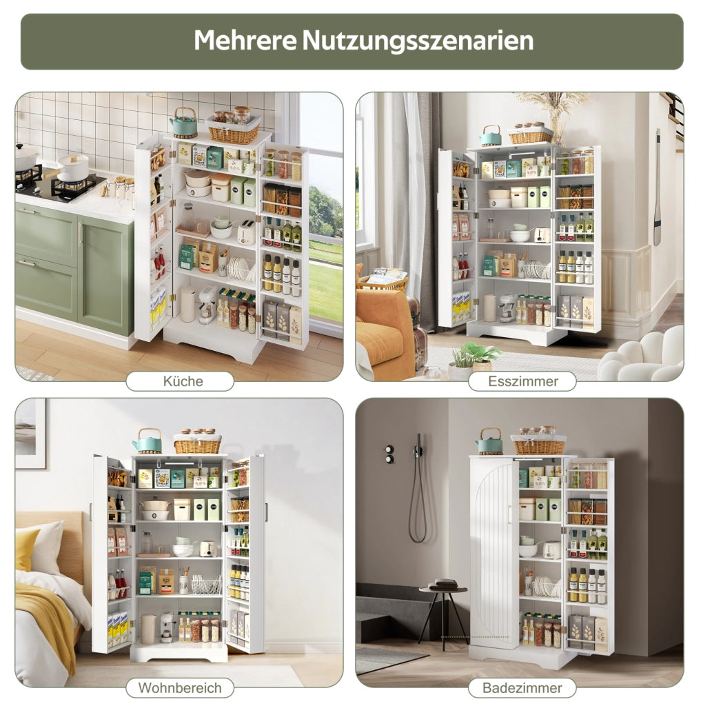 Credenza da cucina 60x35x128 cm bianca in PB e MDF con luce LED USB e ripiani regolabili