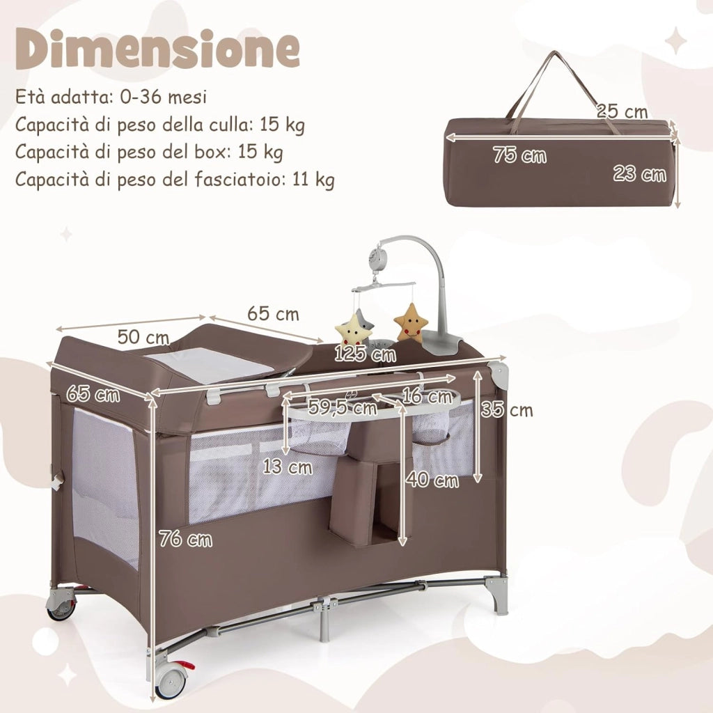 4 in 1 Lettino per Bambini con Materasso, Lettino Culla da Viaggio per Neonati, Culla Neonato con Fasciatoio, Box Portatile Pieghevole, con Ruote e Borsa, 125 x 65 x 119 cm (Caffè)