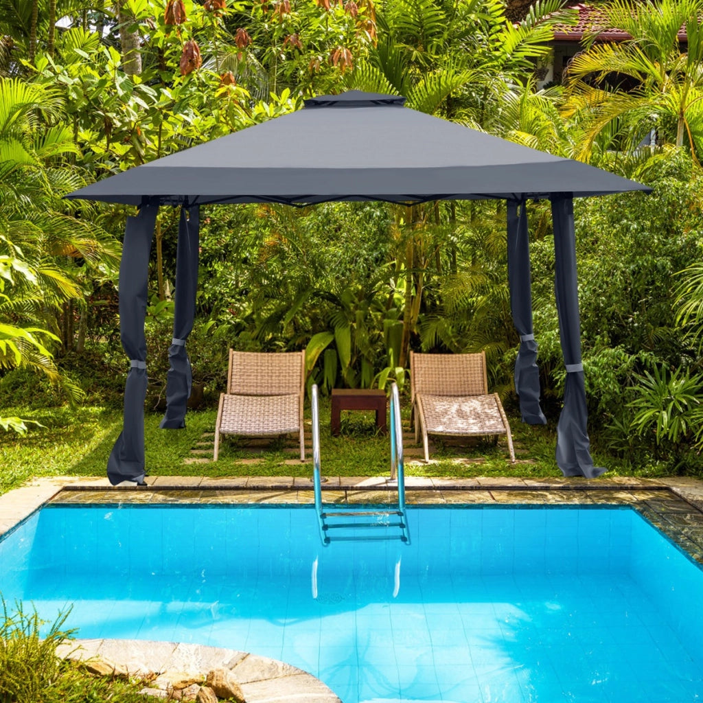 Tenda a baldacchino 4x4m con tetto a 2 livelli tessuto oxford altezze regolabili, Gazebo per cortile patio Grigio-Gazebo