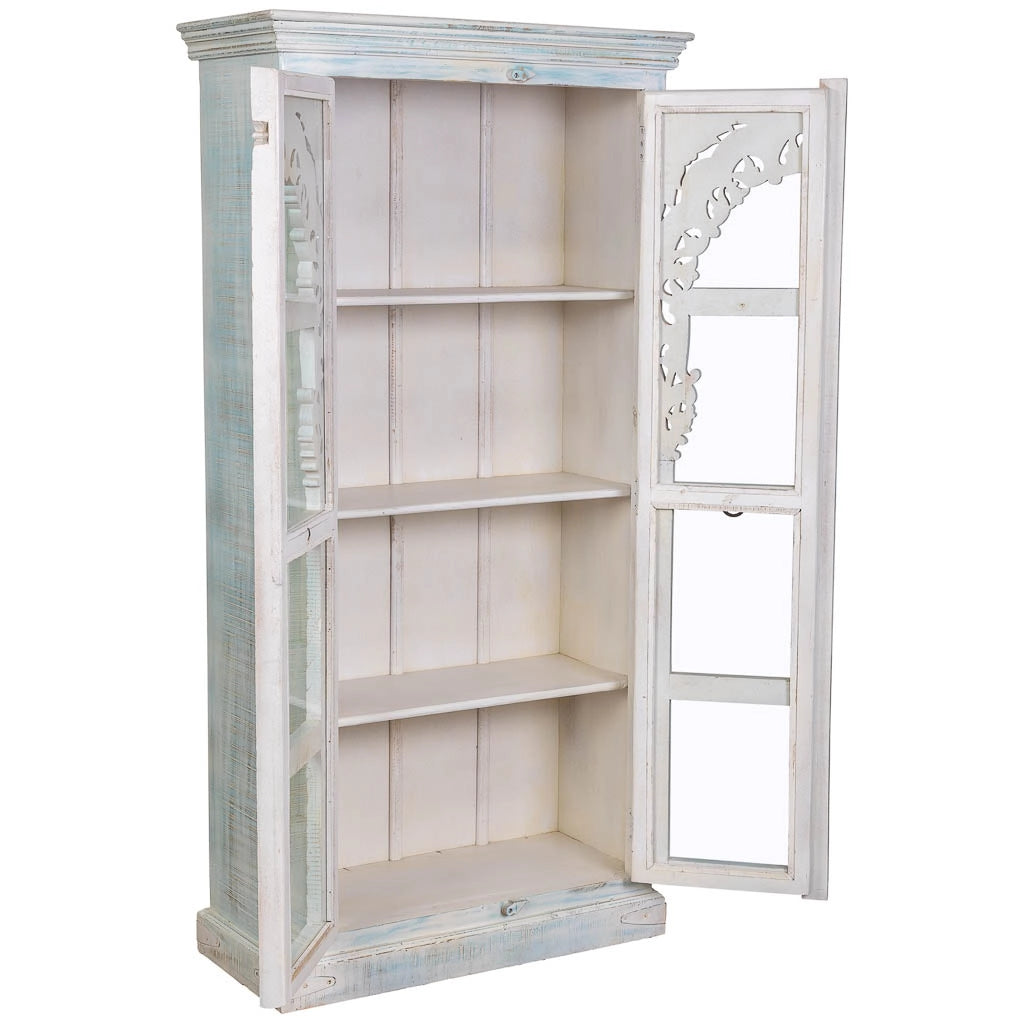 Vetrina in legno artigianale bianca e blu, 91x40x180h cm