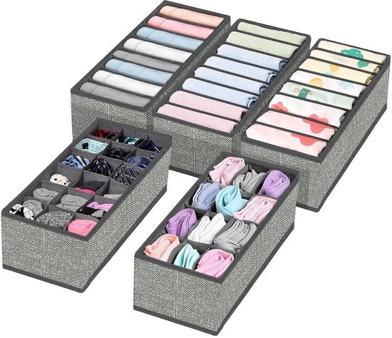 Organizzatore 5 pezzi per cassetto, cassettiera pieghevole per abbigliamento in tessuto, sistema di organizzazione per cassetti con piastre per fondoschiena, calze, camicie, capi per bambini, sciarpe e asciugamani.
