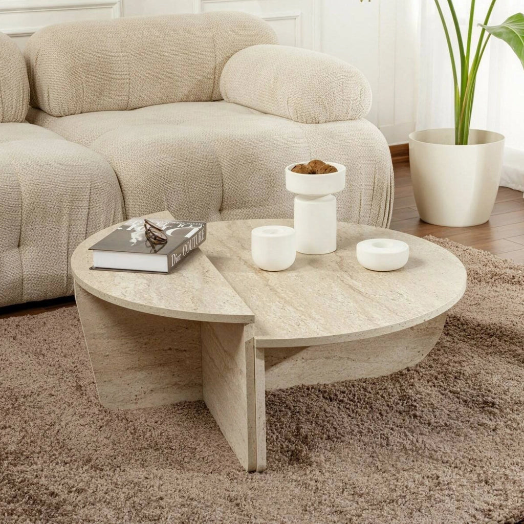 Tavolino da salotto Feyre, Tavolo basso da caffè, Portariviste per divano, Ripiano da soggiorno, 90x60 h35 cm, Beige e Marmo