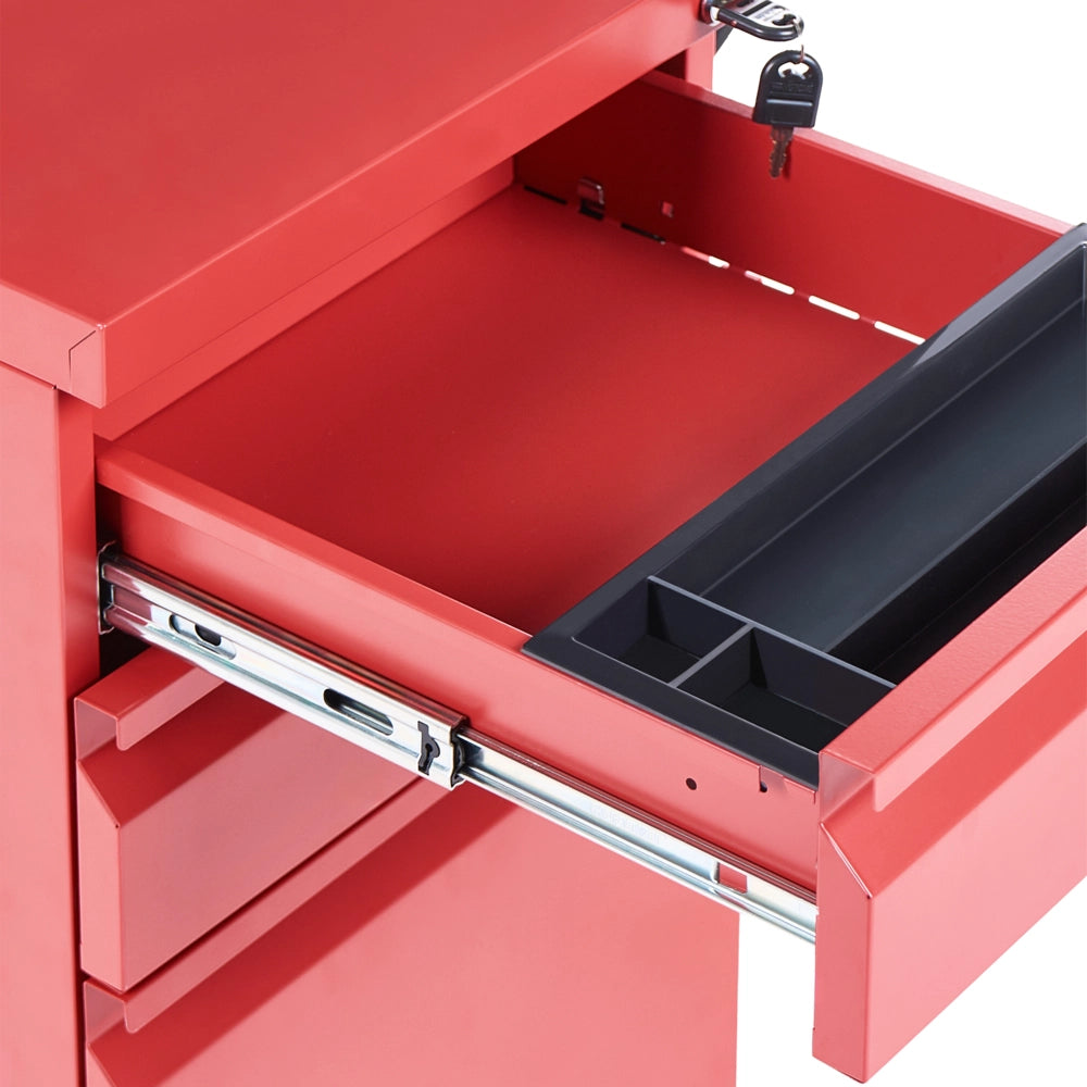 Mobile contenitore in acciaio rosso a 3 cassetti con rotelle in plastica e serratura a chiave per ufficio moderno