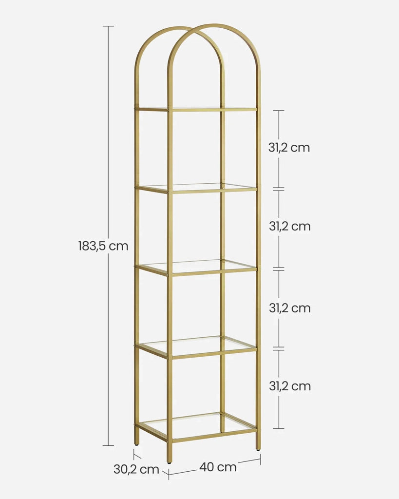 Libreria in vetro temperato a 5 ripiani 30,2 x 40 x 183,5 cm ripiano portaoggetti ad arco struttura in metallo per soggiorno camera da letto ufficio bagno 12_0004200