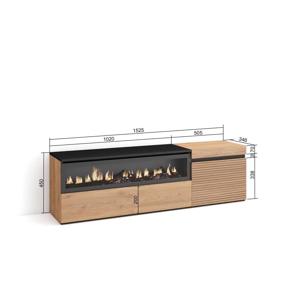 Mobile TV Soggiorno, 150x35x45cm, Per TV fino a 65", Camino elettrico, colore Rovere RF3300