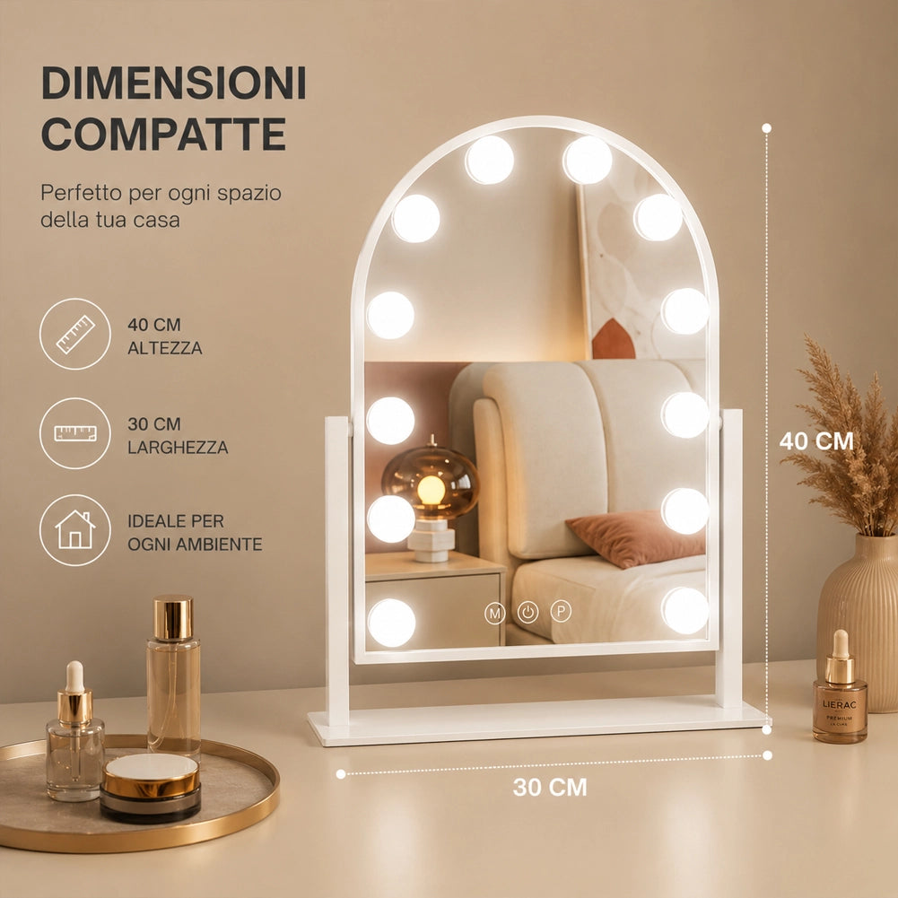 Specchio ad Arco da Tavolo Struttura in Alluminio e Led a Bulbi 3 Colori 30x40cm