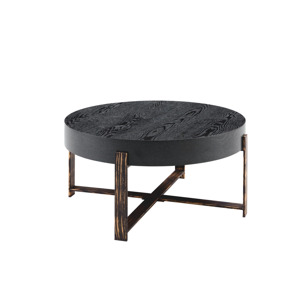 Tavolino rotondo 68x36 cm con piano effetto legno nero; base a croce in metallo; nero