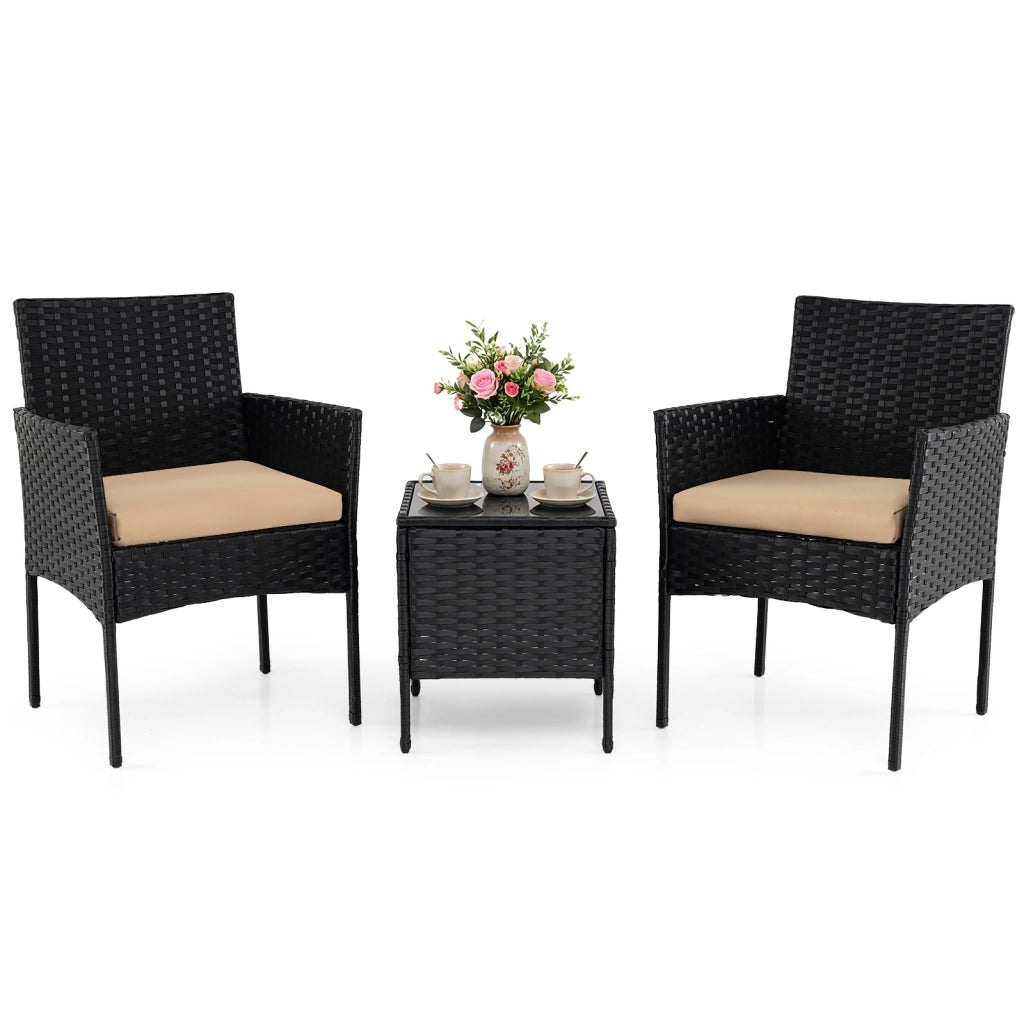 Set mobili da giardino 3 pezzi in rattan con tavolino vetro temperato e 2 poltrone, Arredamento esterno per patio balcone e piscina Giallo