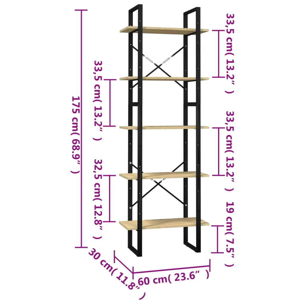 Libreria a 5 Ripiani-Scaffale per Libri-Mobile di Stoccaggio 60x30x175 cm in Legno Massello di Pino