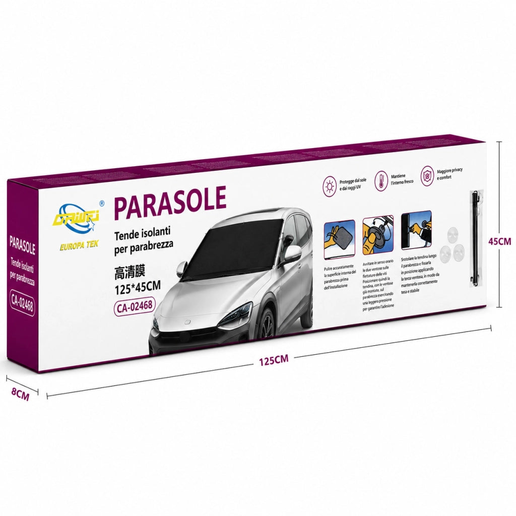 TENDINA PARASOLE AVVOLGIBILE PER AUTO 125x45CM PARABREZZA OSCURANTE CA-02468