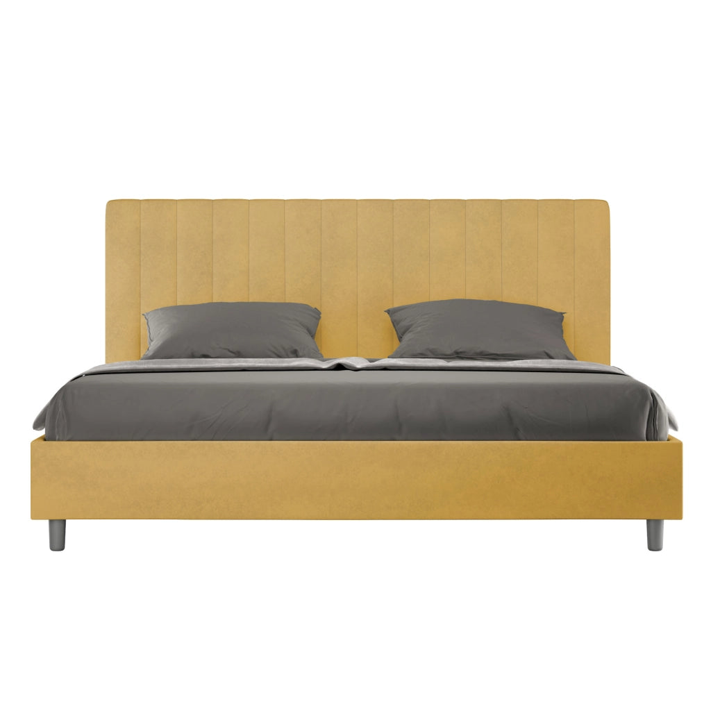 Letto Matrimoniale King Size 200x210 cm con Rete e Contenitore Imbottito in Microfibra Agueda Ocra