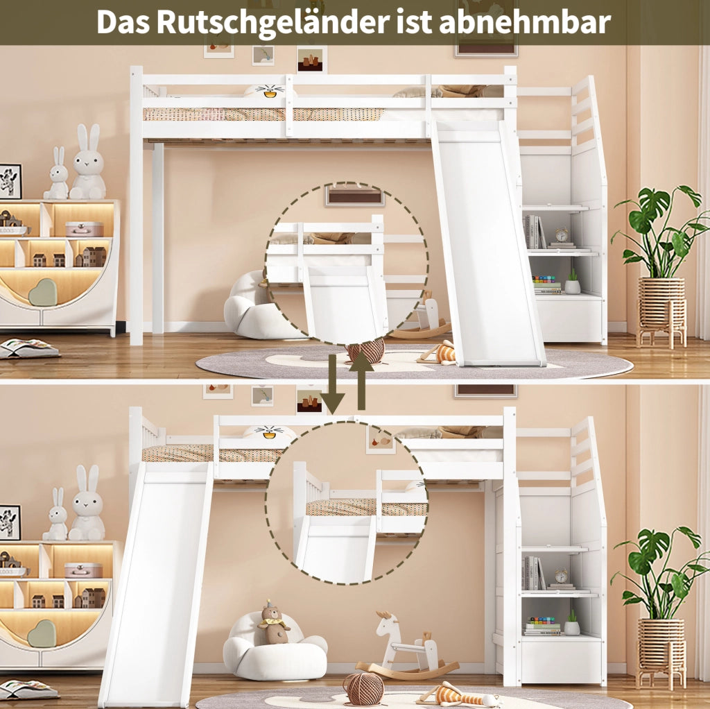 Letto a soppalco per bambini 90x200 cm con scivolo bianco
